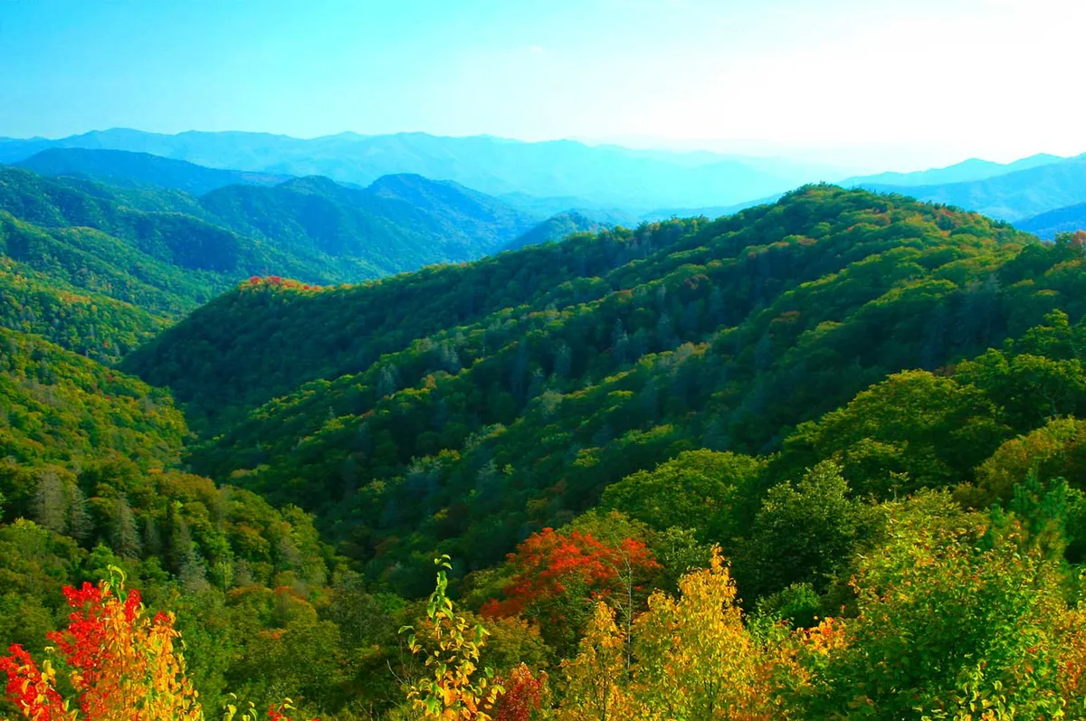 A scenic panorama of rolling green hills, distant mountains, and vibrant autumn foliage, with activities such as hiking and nature photography suggested. The image immerses viewers in the natural beauty and adventure opportunities of the Smoky Mountains National Park.
